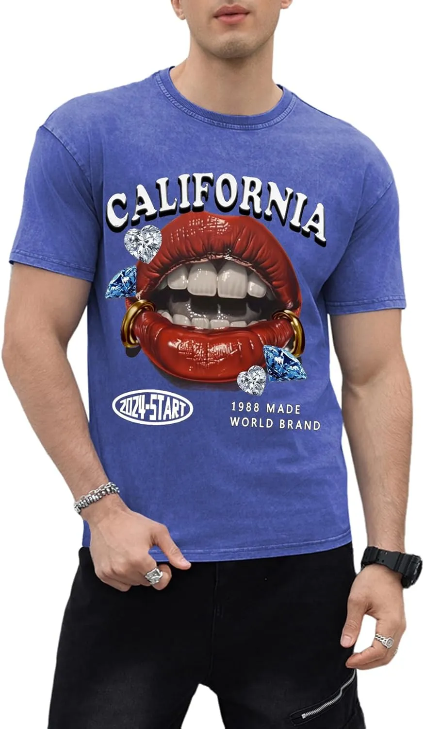 WDIRARA Men's Y2k Lip Graphic Print Tees Vintage Hipster Hip Hop Crew Neck T-Shirt Streetwear Top