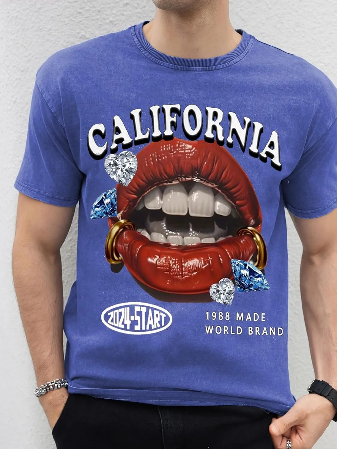 WDIRARA Men's Y2k Lip Graphic Print Tees Vintage Hipster Hip Hop Crew Neck T-Shirt Streetwear Top
