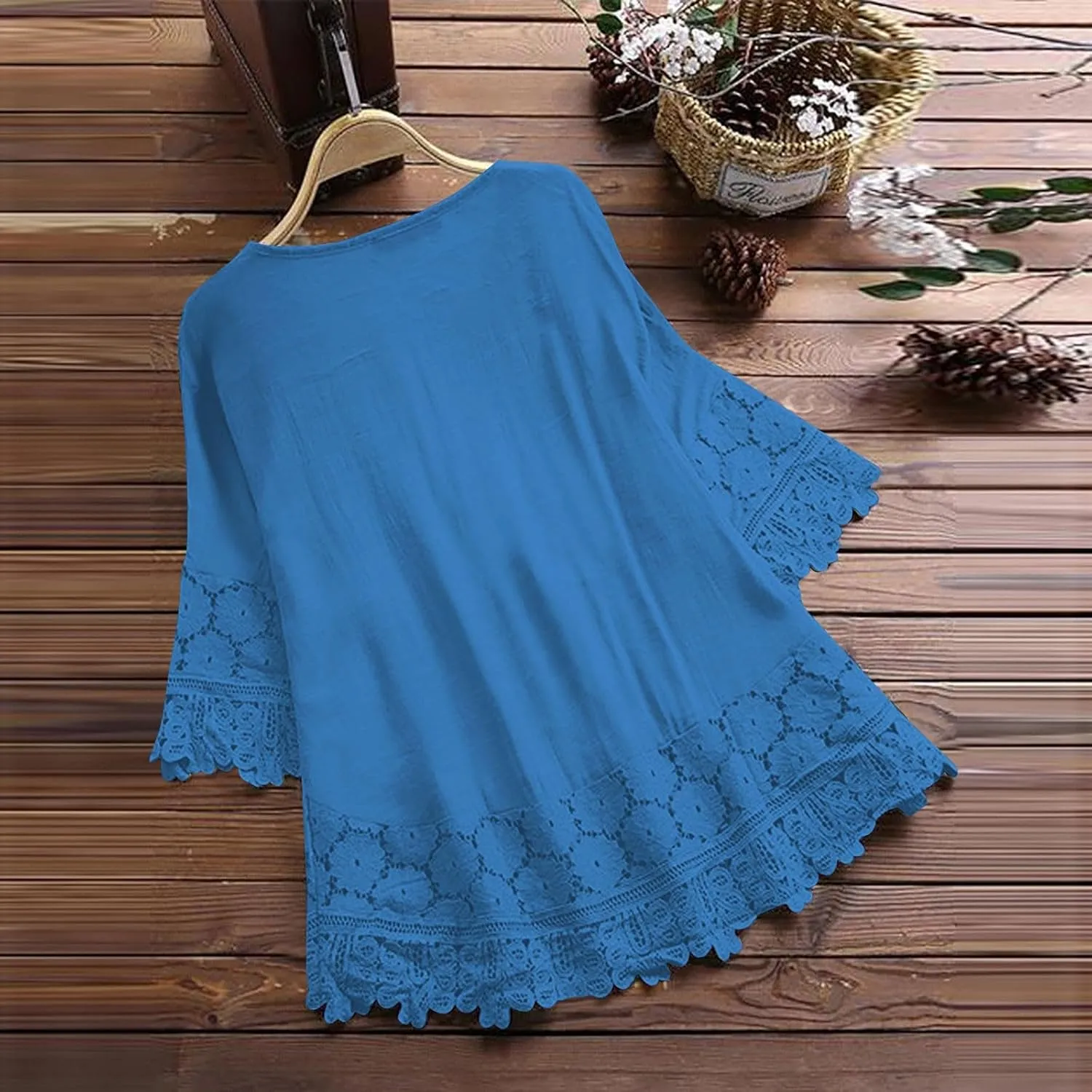 Women Mexican Embroidered Blouse Tops Cotton Linen Summer Shirts 3/4 Length Sleeve Tunics Trendy Boho Peasant Clothes