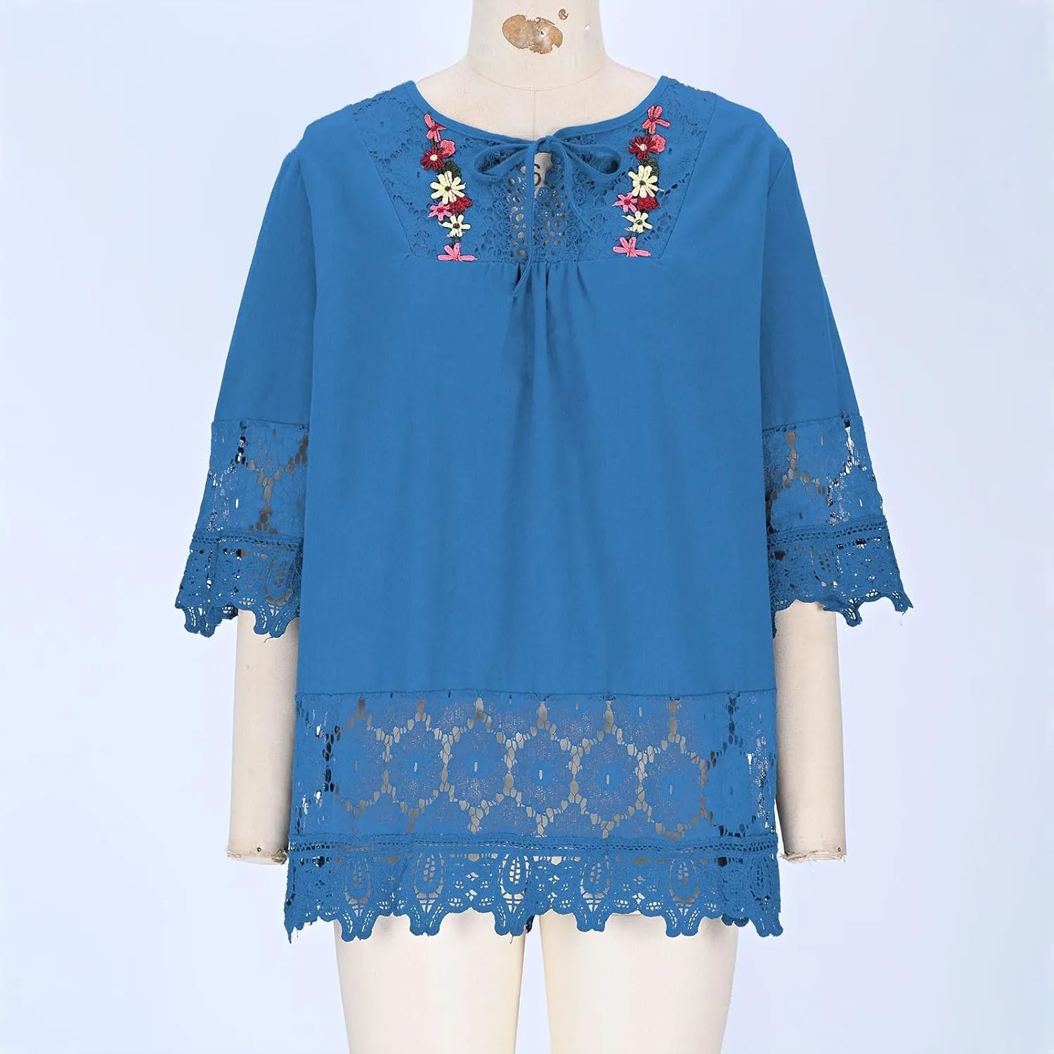 Women Mexican Embroidered Blouse Tops Cotton Linen Summer Shirts 3/4 Length Sleeve Tunics Trendy Boho Peasant Clothes