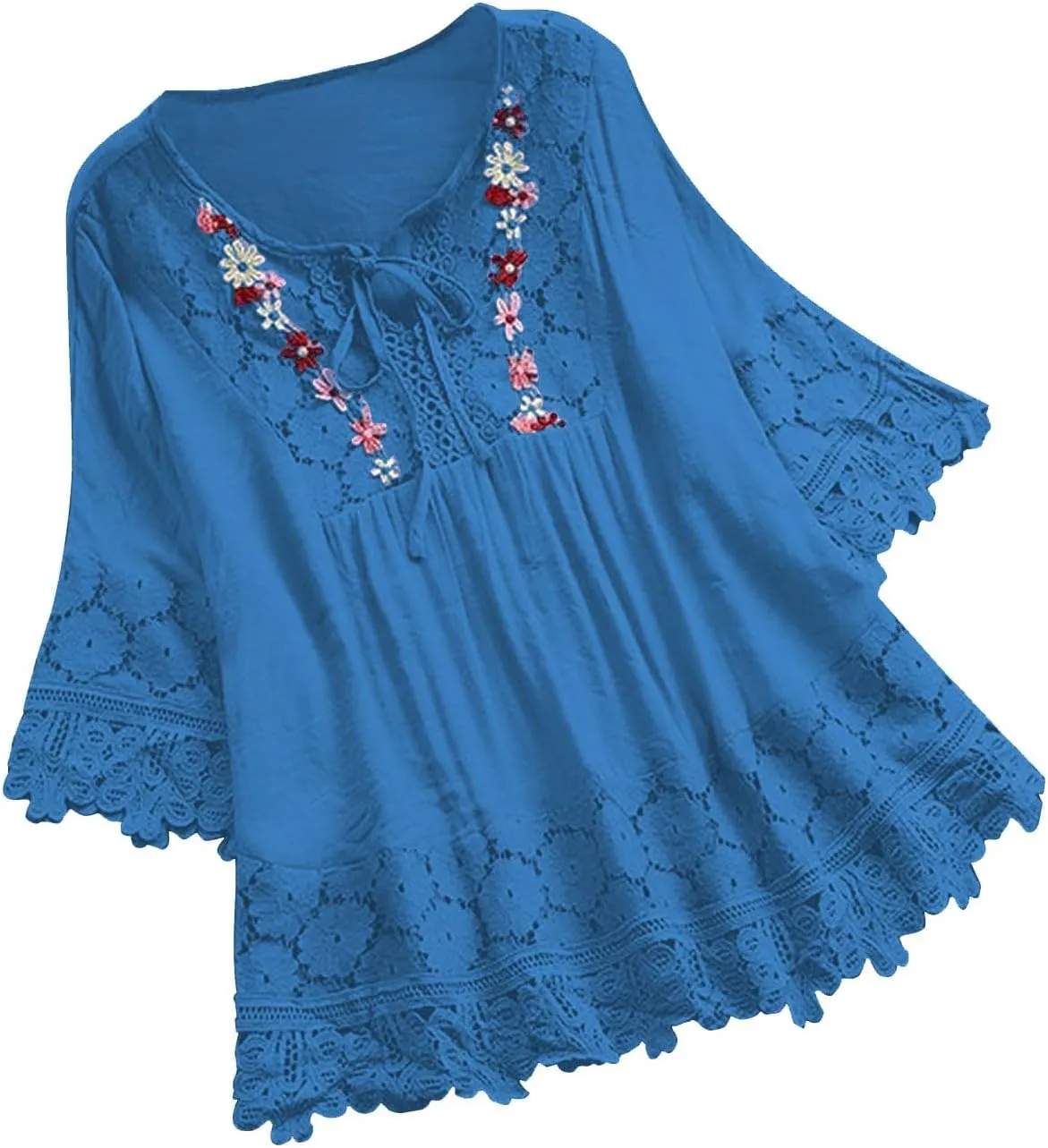 Women Mexican Embroidered Blouse Tops Cotton Linen Summer Shirts 3/4 Length Sleeve Tunics Trendy Boho Peasant Clothes