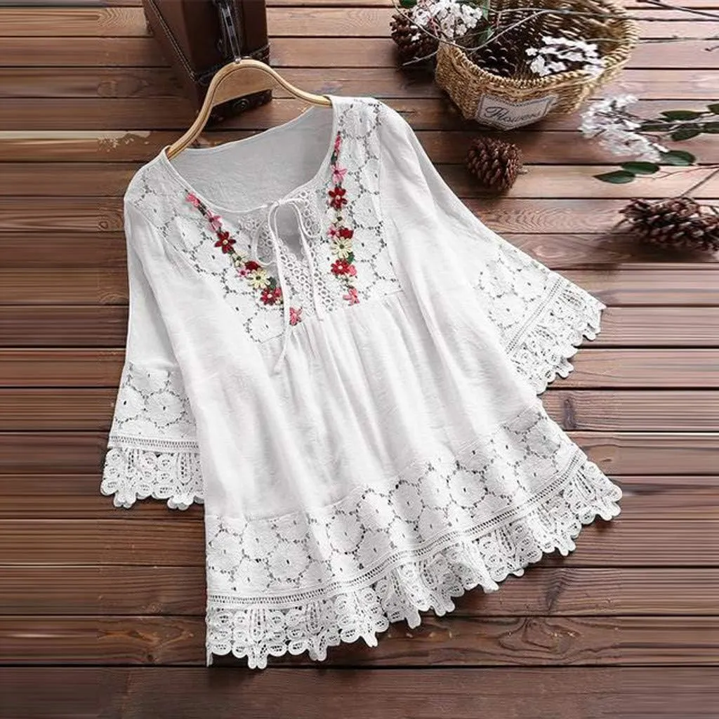 Women Mexican Embroidered Blouse Tops Cotton Linen Summer Shirts 3/4 Length Sleeve Tunics Trendy Boho Peasant Clothes