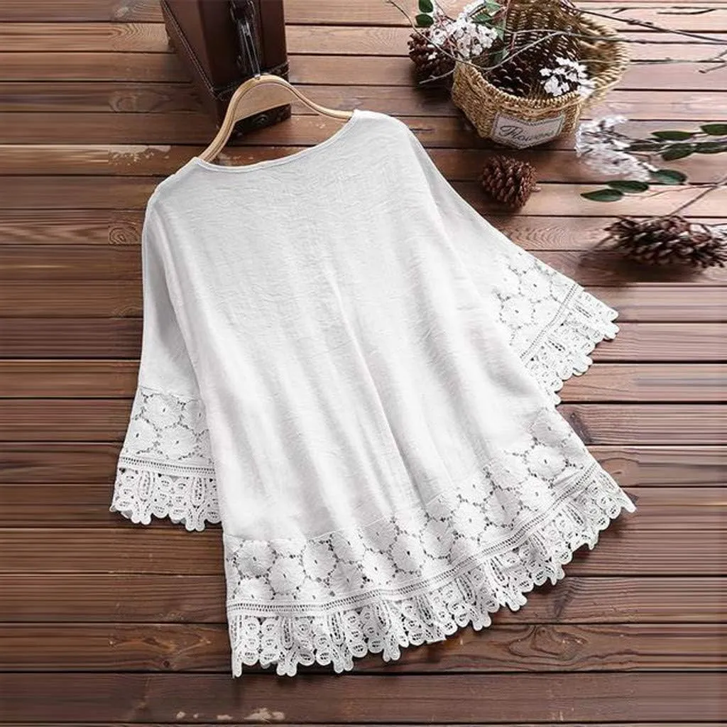 Women Mexican Embroidered Blouse Tops Cotton Linen Summer Shirts 3/4 Length Sleeve Tunics Trendy Boho Peasant Clothes