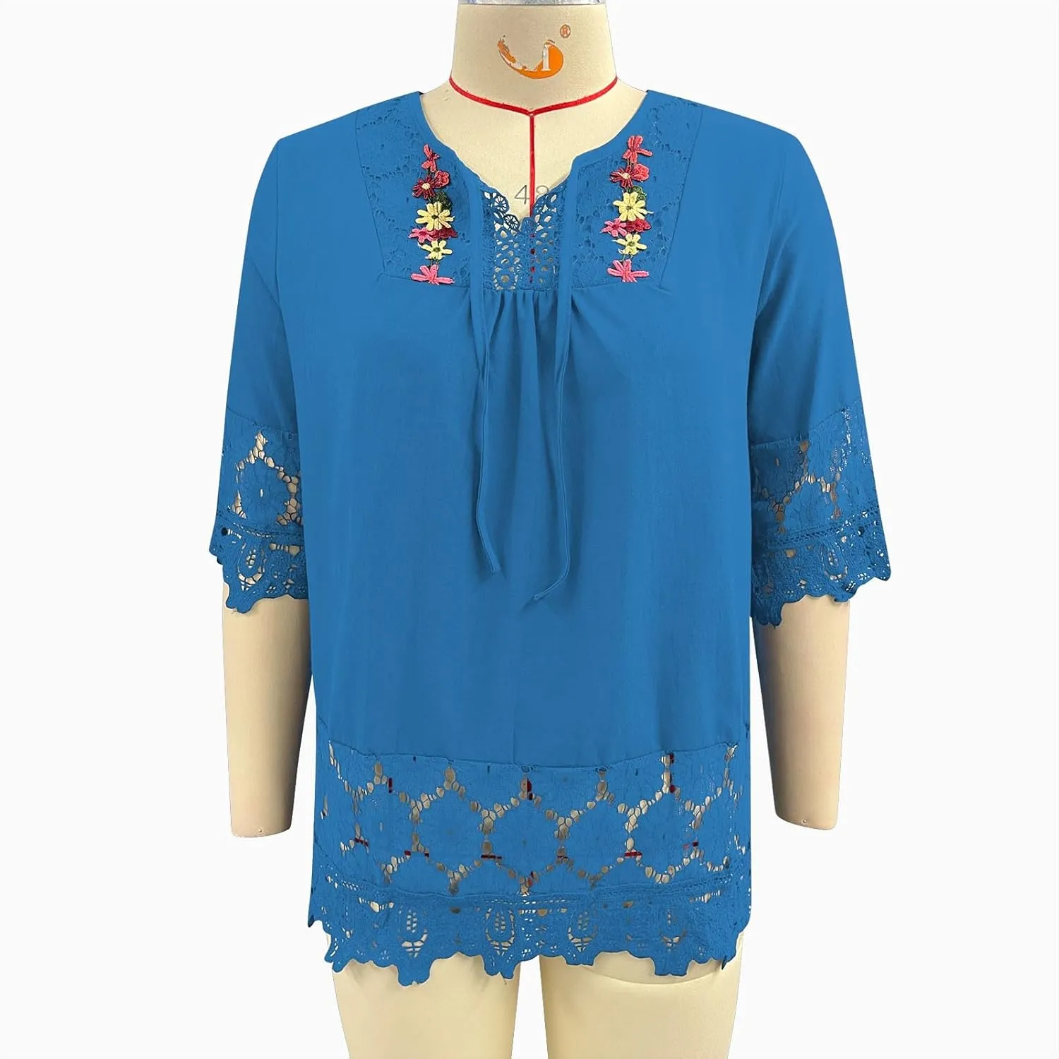 Women Mexican Embroidered Blouse Tops Cotton Linen Summer Shirts 3/4 Length Sleeve Tunics Trendy Boho Peasant Clothes