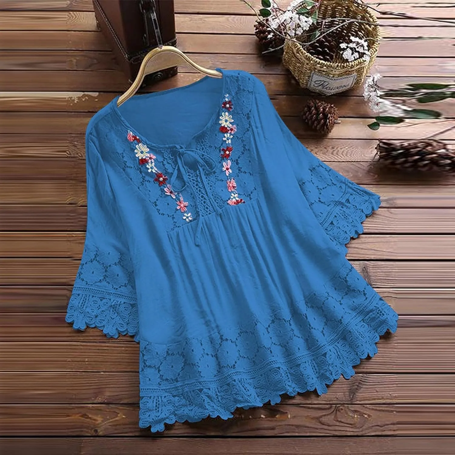 Women Mexican Embroidered Blouse Tops Cotton Linen Summer Shirts 3/4 Length Sleeve Tunics Trendy Boho Peasant Clothes