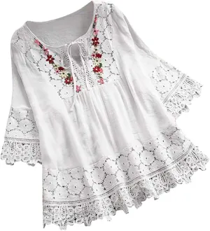 Women Mexican Embroidered Blouse Tops Cotton Linen Summer Shirts 3/4 Length Sleeve Tunics Trendy Boho Peasant Clothes