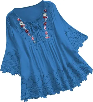 Women Mexican Embroidered Blouse Tops Cotton Linen Summer Shirts 3/4 Length Sleeve Tunics Trendy Boho Peasant Clothes