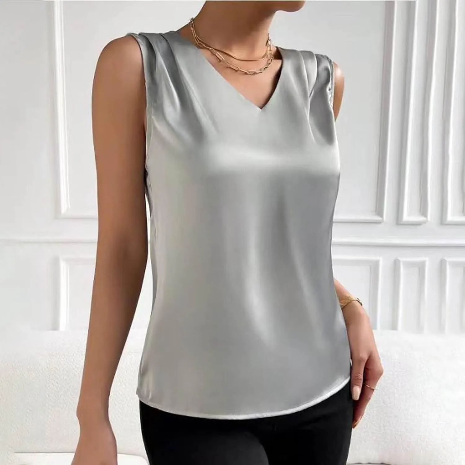 Women Summer Tank Tops V Neck Silk Satin Blouse Sleeveless Shirt Business Casual Dressy Outfit Vacation Clothes