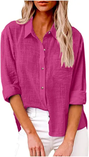 Womens Cotton Linen Button Down Tops 2025 Summer Casual Loose Long Sleeve Lightweight Solid Color Work T Shirts with Pockets