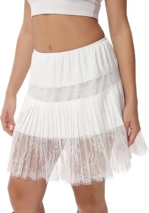 Womens Lace Pleated Skirts Flowy Y2K Style Floral Ruffled Lace Trim Mini Skirts with Lining