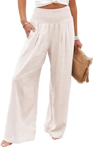 Womens Linen Pants Boho Wide Leg Lounge Pant High Waist Palazzo Pant Summer Beach Trousers Travel Vacation Outfits