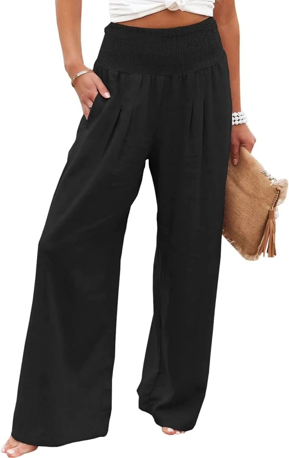 Womens Linen Pants Boho Wide Leg Lounge Pant High Waist Palazzo Pant Summer Beach Trousers Travel Vacation Outfits
