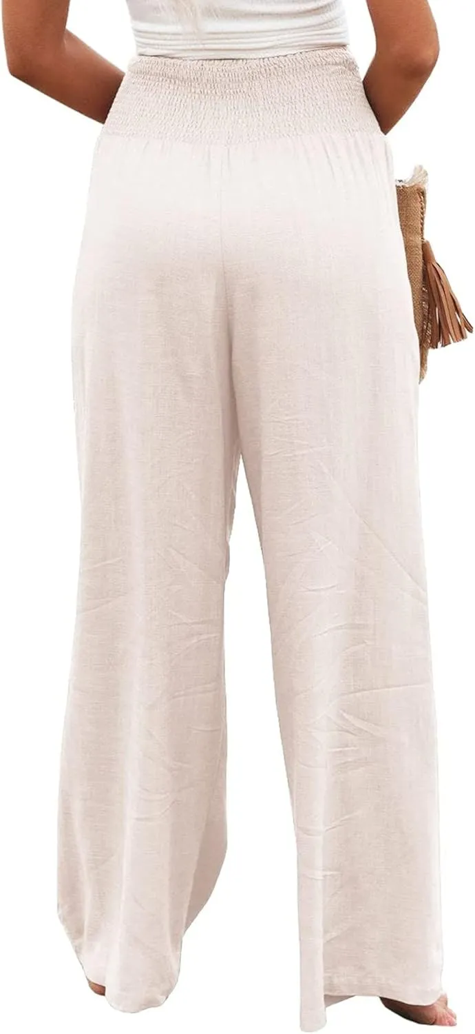 Womens Linen Pants Boho Wide Leg Lounge Pant High Waist Palazzo Pant Summer Beach Trousers Travel Vacation Outfits