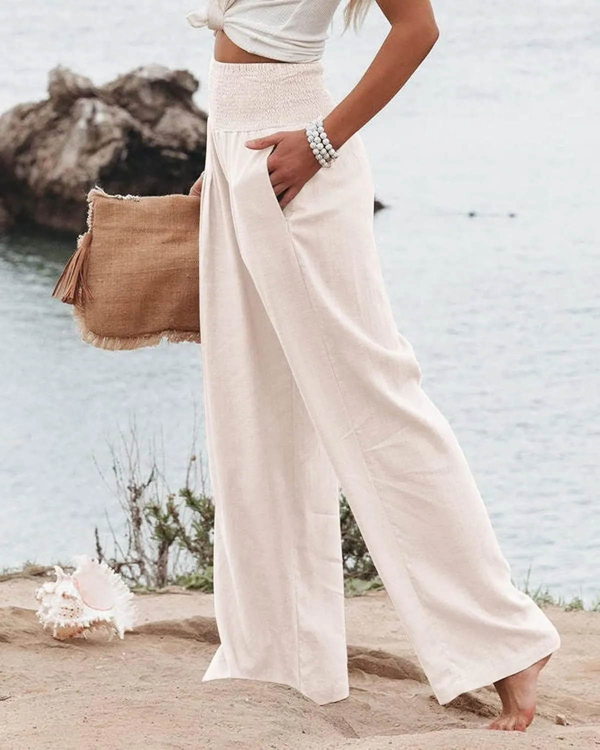 Womens Linen Pants Boho Wide Leg Lounge Pant High Waist Palazzo Pant Summer Beach Trousers Travel Vacation Outfits