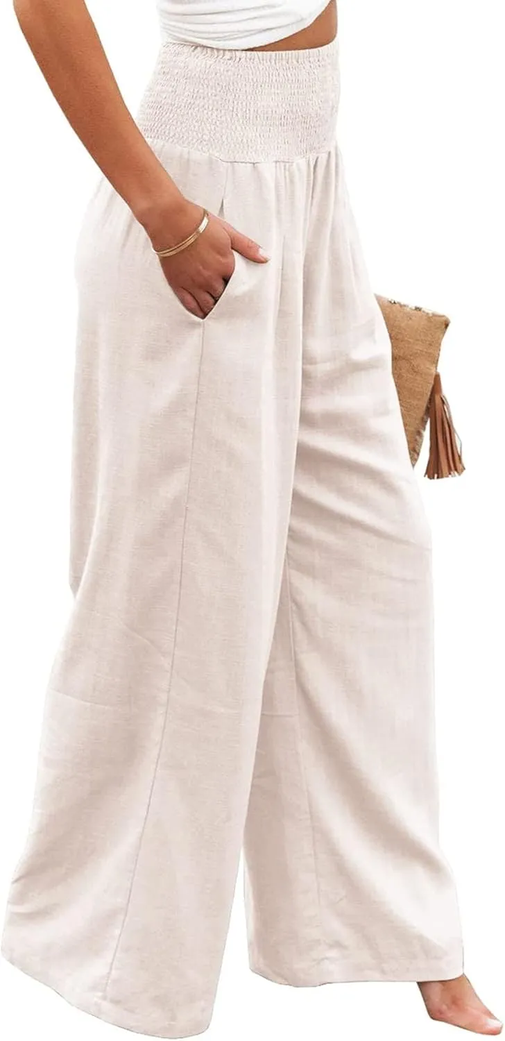 Womens Linen Pants Boho Wide Leg Lounge Pant High Waist Palazzo Pant Summer Beach Trousers Travel Vacation Outfits