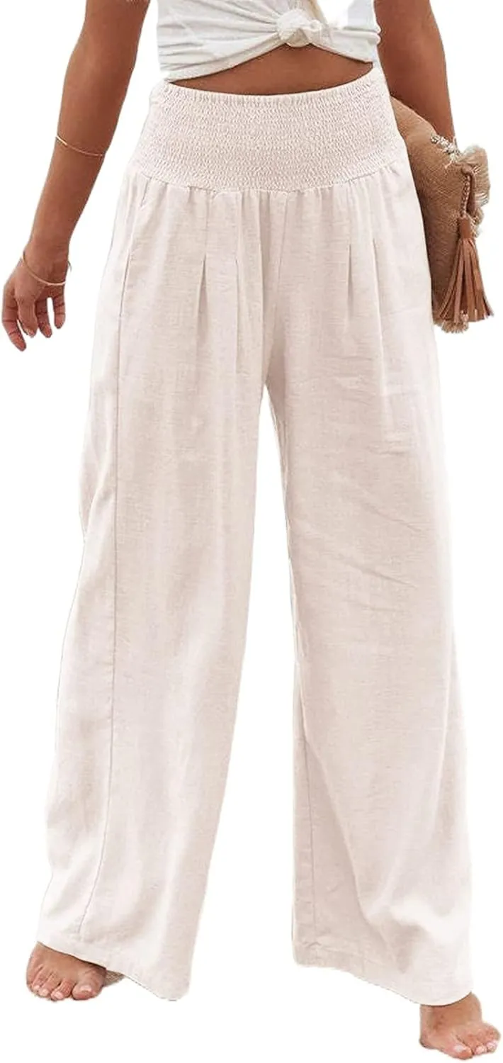 Womens Linen Pants Boho Wide Leg Lounge Pant High Waist Palazzo Pant Summer Beach Trousers Travel Vacation Outfits