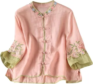Women's Mandarin Neck Cotton Linen Blouses Retro Chinese Frog Button 3/4 Sleeve Tops Casual Floral Embroidered Shirts
