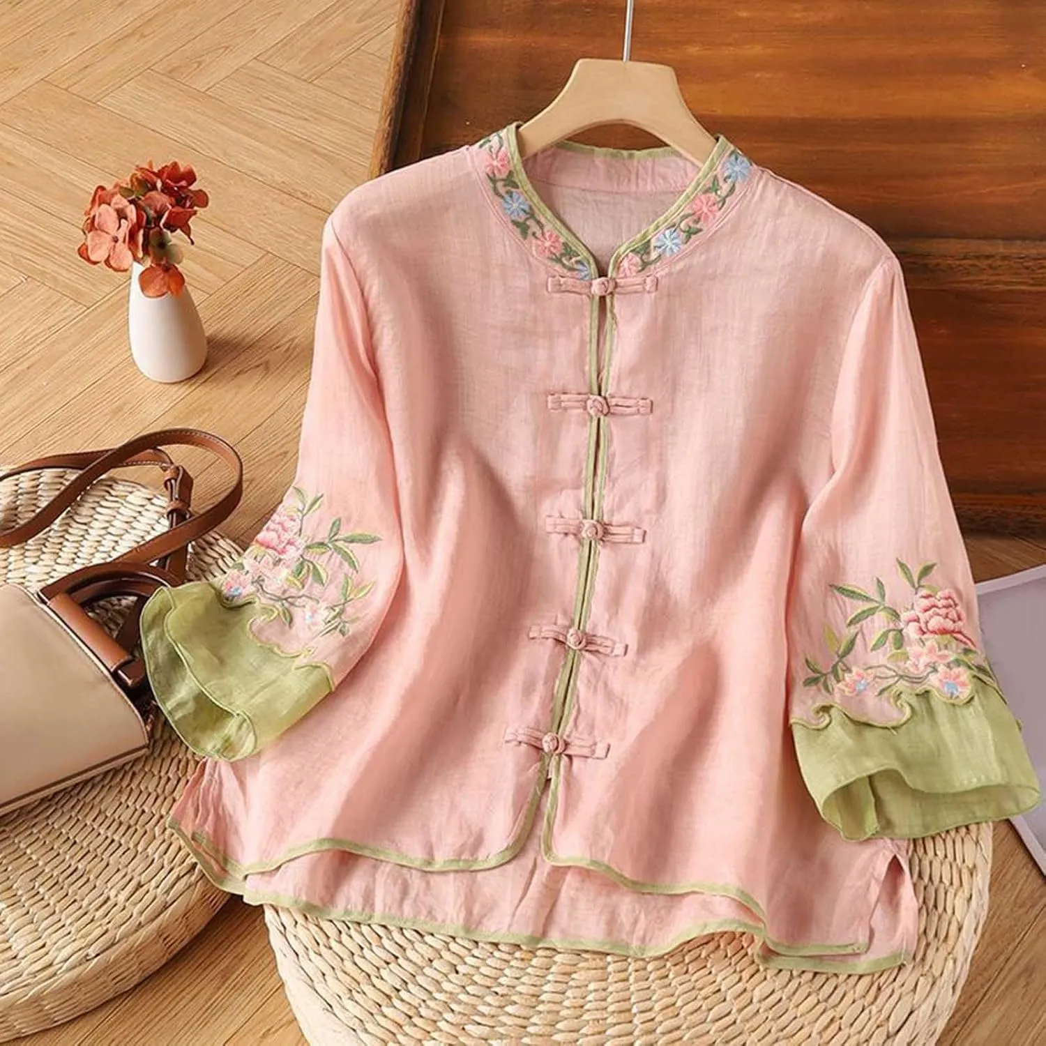 Women's Mandarin Neck Cotton Linen Blouses Retro Chinese Frog Button 3/4 Sleeve Tops Casual Floral Embroidered Shirts