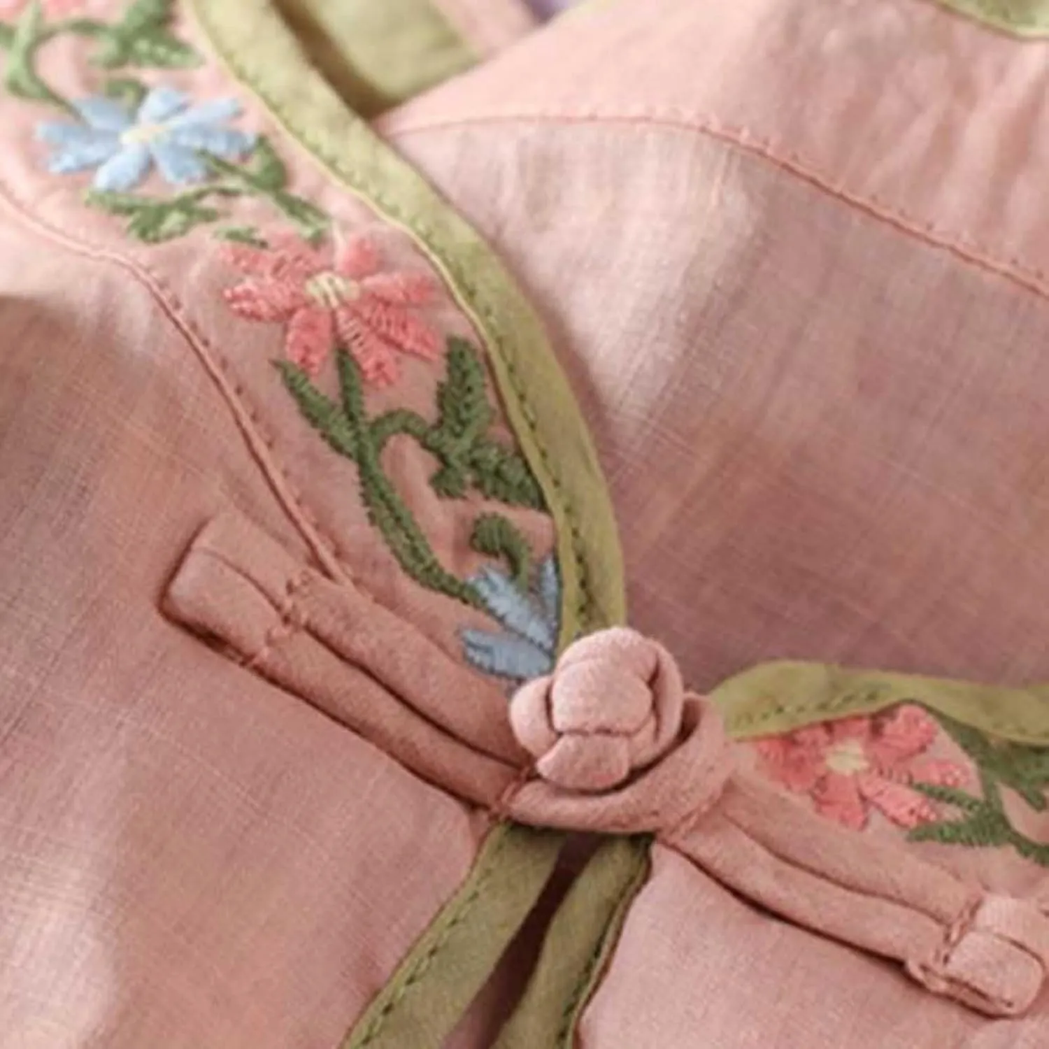 Women's Mandarin Neck Cotton Linen Blouses Retro Chinese Frog Button 3/4 Sleeve Tops Casual Floral Embroidered Shirts