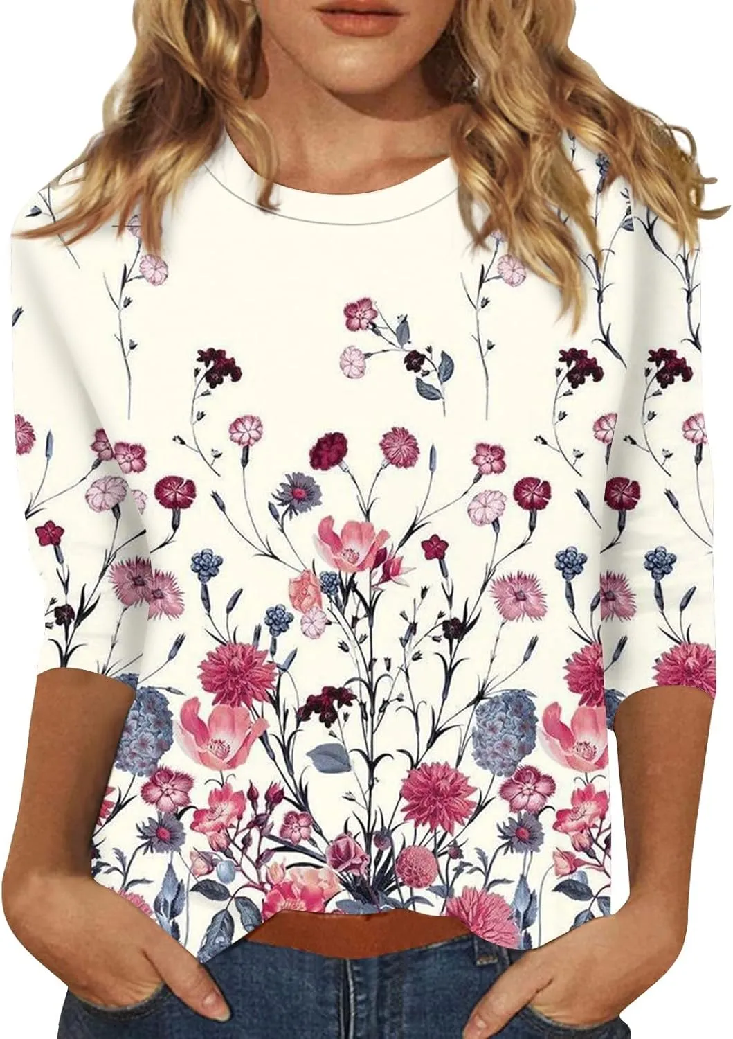 Womens Summer 3/4 Sleeve Tops 2025 Floral Print Round Neck Shirts Loose Fit Three Quarter Sleeve Tshirts