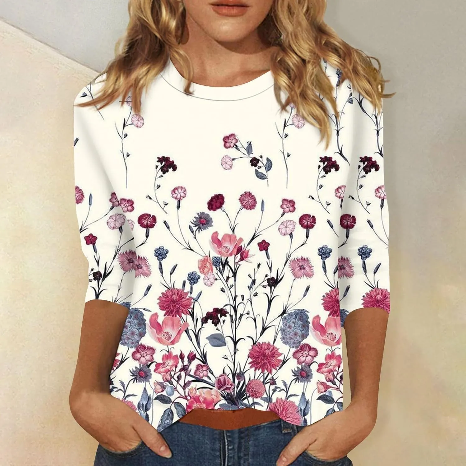 Womens Summer 3/4 Sleeve Tops 2025 Floral Print Round Neck Shirts Loose Fit Three Quarter Sleeve Tshirts