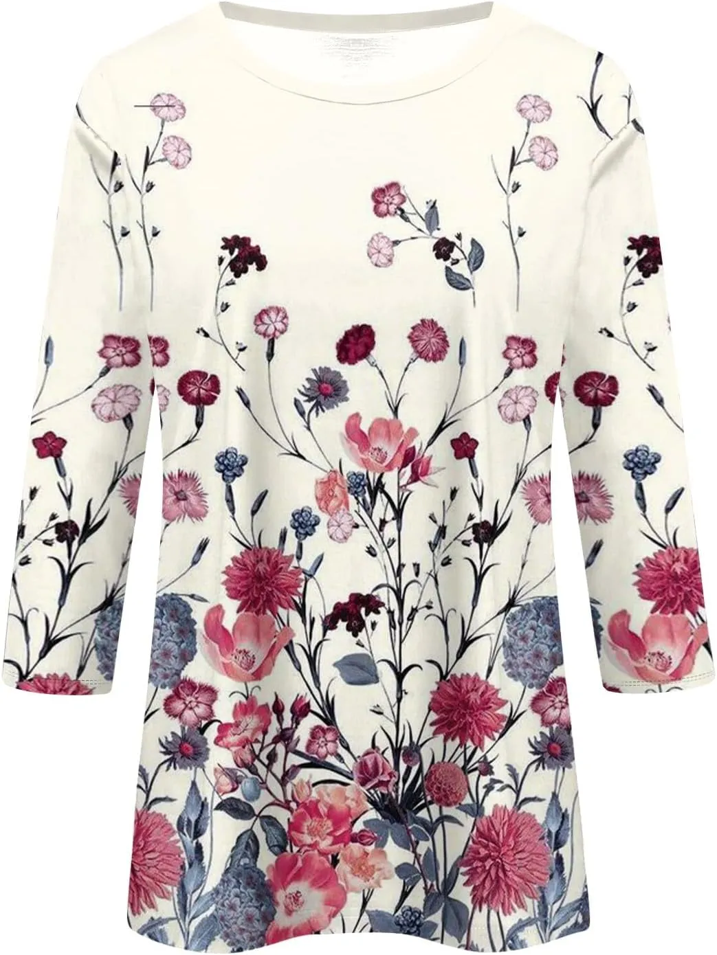 Womens Summer 3/4 Sleeve Tops 2025 Floral Print Round Neck Shirts Loose Fit Three Quarter Sleeve Tshirts
