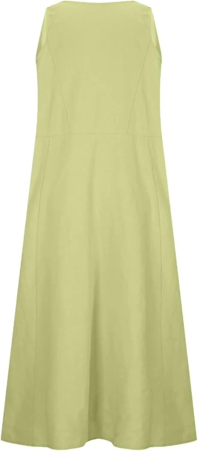 Women's Summer Cotton Linen Long Dress Sleeveless Elegant Flowy Maxi Dresses Plus Size Loose Comfy Dress with Pockets