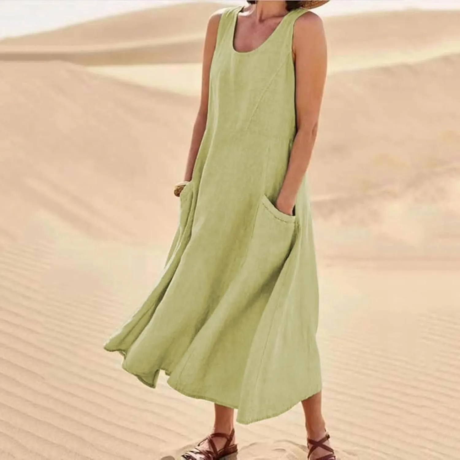 Women's Summer Cotton Linen Long Dress Sleeveless Elegant Flowy Maxi Dresses Plus Size Loose Comfy Dress with Pockets