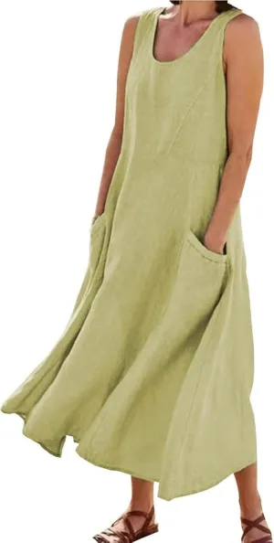 Women's Summer Cotton Linen Long Dress Sleeveless Elegant Flowy Maxi Dresses Plus Size Loose Comfy Dress with Pockets