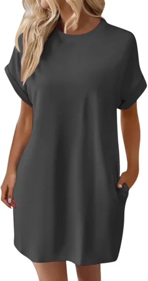 Women's Summer Dresses Casual Crewneck Short Sleeve T-Shirt Dress 2025 Beach Vacation Mini Sundress with Pockets