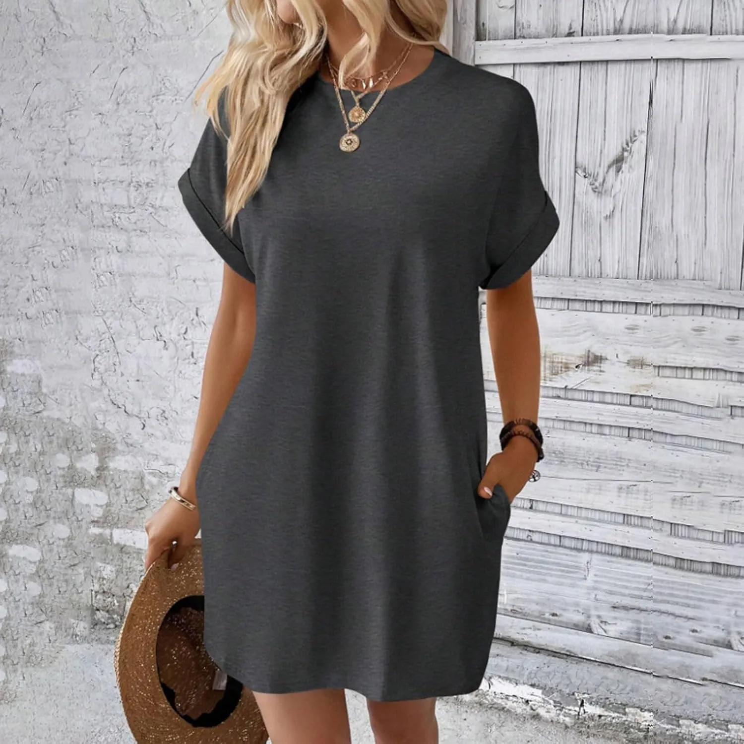 Women's Summer Dresses Casual Crewneck Short Sleeve T-Shirt Dress 2025 Beach Vacation Mini Sundress with Pockets