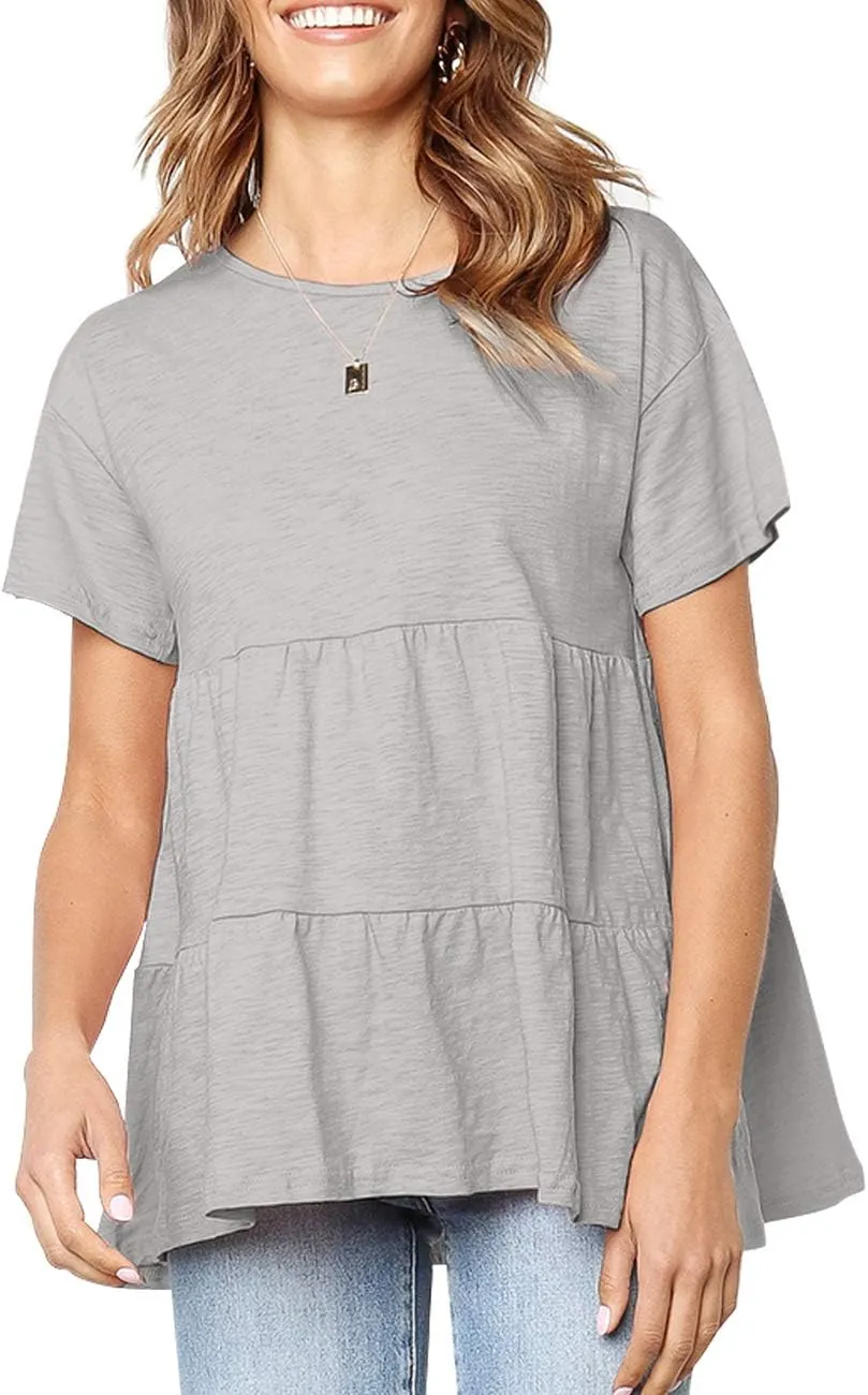 Women's Summer Short Sleeve Loose T Shirt High Low Hem Babydoll Peplum Tops
