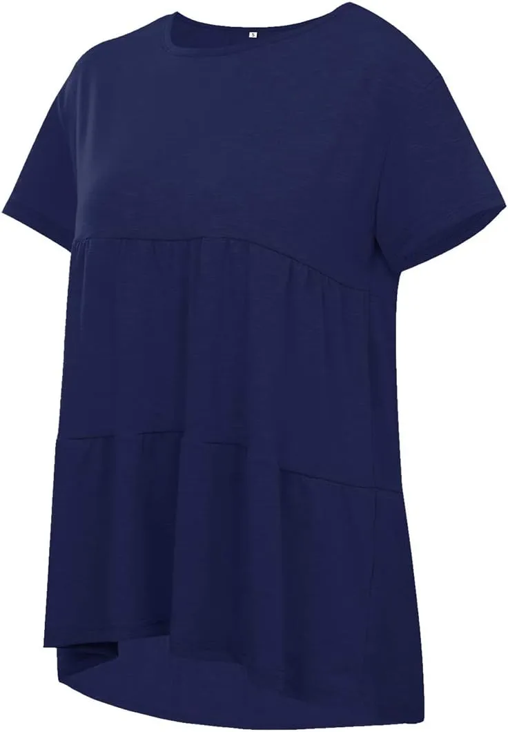Women's Summer Short Sleeve Loose T Shirt High Low Hem Babydoll Peplum Tops
