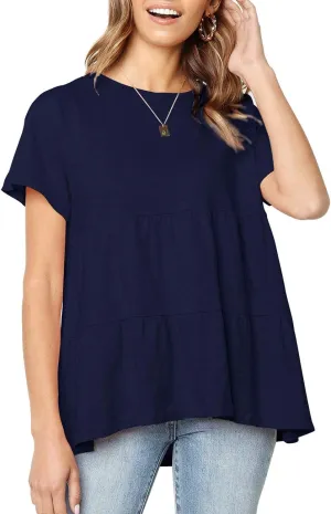 Women's Summer Short Sleeve Loose T Shirt High Low Hem Babydoll Peplum Tops