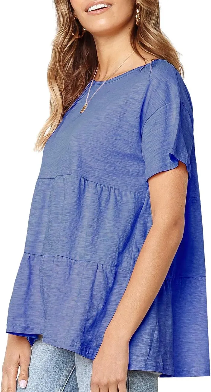 Women's Summer Short Sleeve Loose T Shirt High Low Hem Babydoll Peplum Tops
