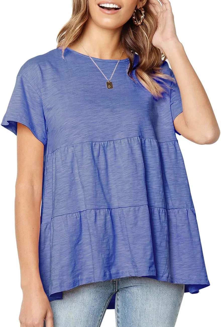 Women's Summer Short Sleeve Loose T Shirt High Low Hem Babydoll Peplum Tops