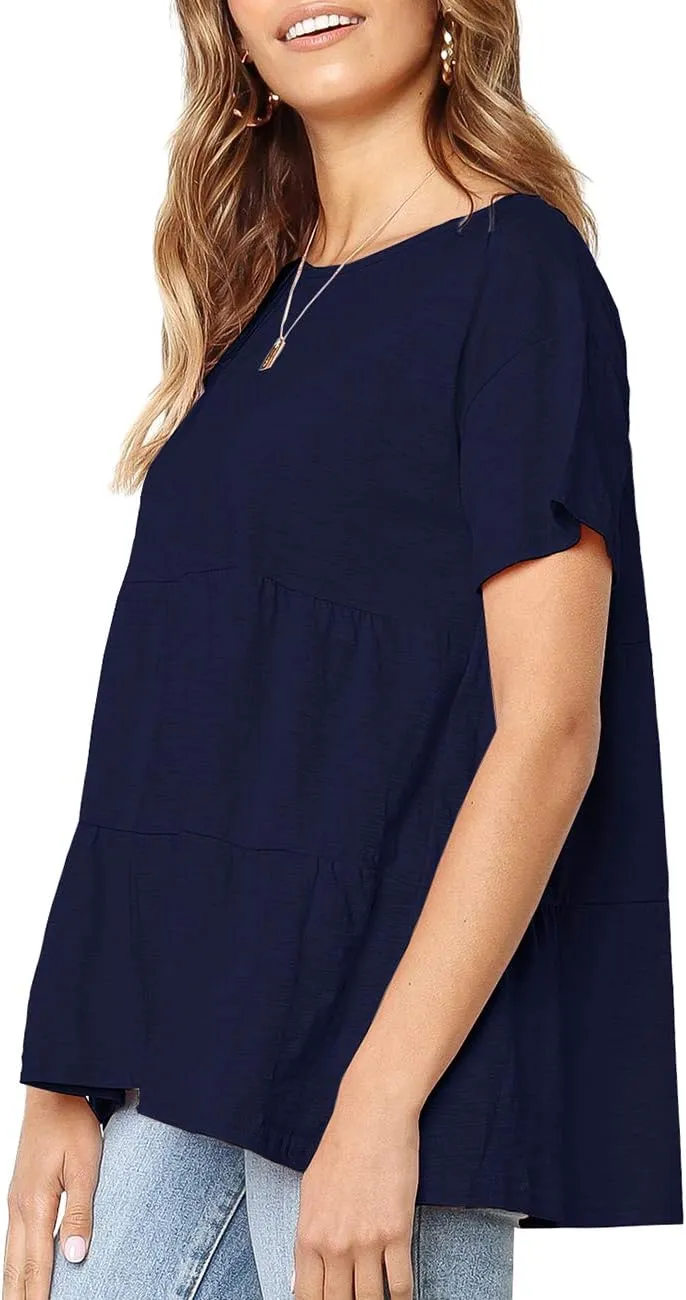 Women's Summer Short Sleeve Loose T Shirt High Low Hem Babydoll Peplum Tops