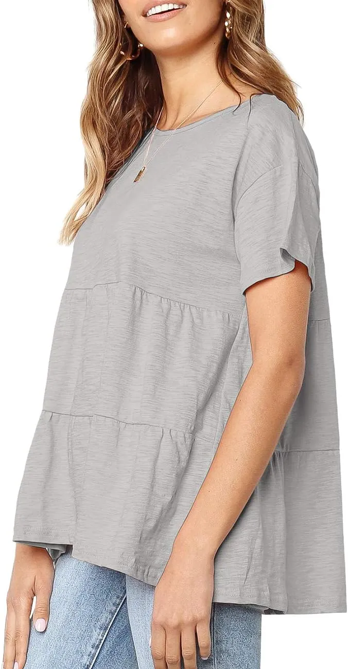 Women's Summer Short Sleeve Loose T Shirt High Low Hem Babydoll Peplum Tops
