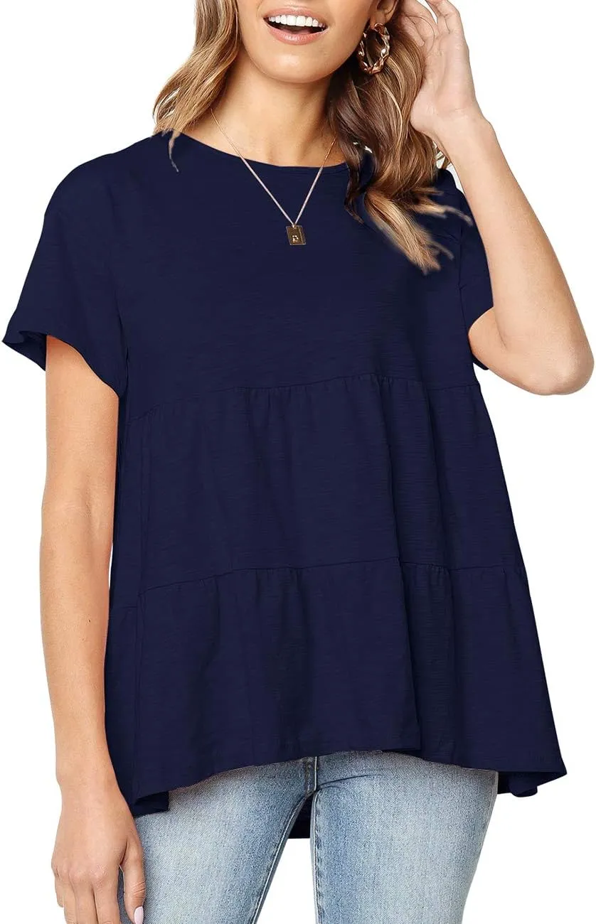 Women's Summer Short Sleeve Loose T Shirt High Low Hem Babydoll Peplum Tops
