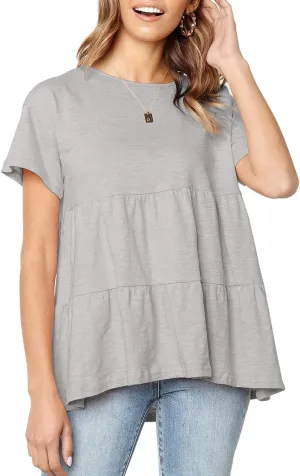 Women's Summer Short Sleeve Loose T Shirt High Low Hem Babydoll Peplum Tops
