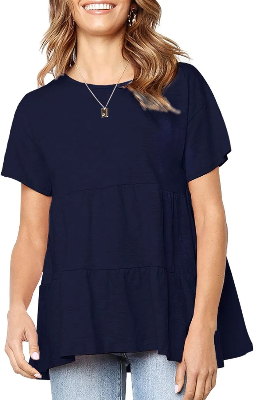 Women's Summer Short Sleeve Loose T Shirt High Low Hem Babydoll Peplum Tops