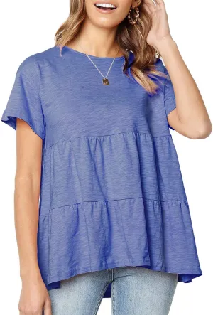 Women's Summer Short Sleeve Loose T Shirt High Low Hem Babydoll Peplum Tops