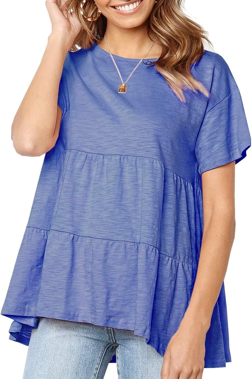 Women's Summer Short Sleeve Loose T Shirt High Low Hem Babydoll Peplum Tops
