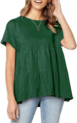 Women's Summer Short Sleeve Loose T Shirt High Low Hem Babydoll Peplum Tops