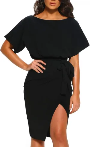Women's Tie Sash Belted Midi Casual Dress Rompers and Jumpsuits with Roll Up or Batwing Short Sleeve Super Leisure