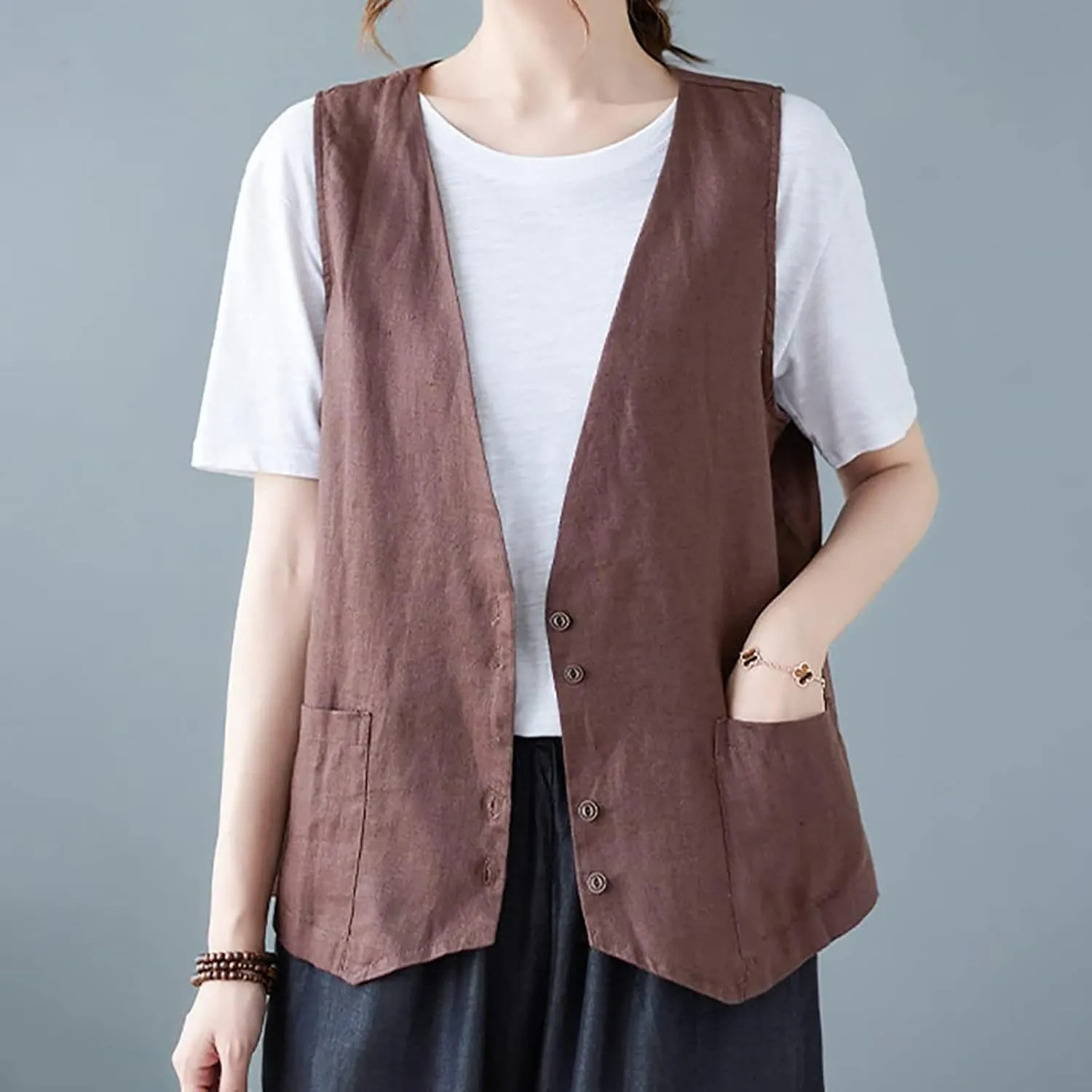 Womens Vest 2023 Summer Cotton Linen Vest Top Vintage Casual Sleeveless Button Down Jacket Loose Vests Outerwear
