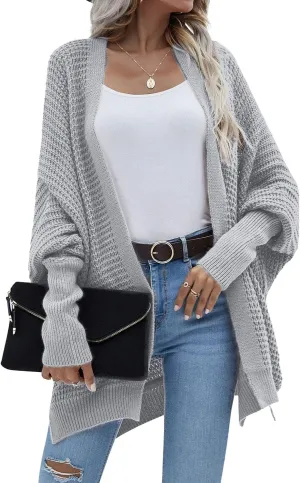 Women's Waffle Cardigan Ribbed Cuffs Open Front Knit Sweater Batwing Long Sleeve Casual Loose Chunky Coat Outwear