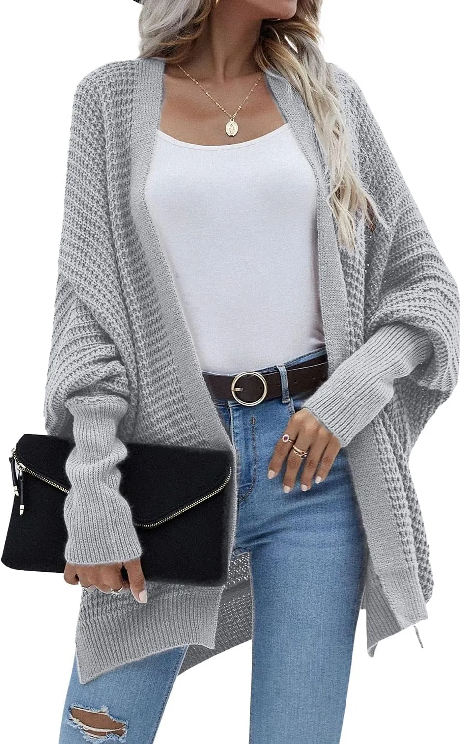 Women's Waffle Cardigan Ribbed Cuffs Open Front Knit Sweater Batwing Long Sleeve Casual Loose Chunky Coat Outwear