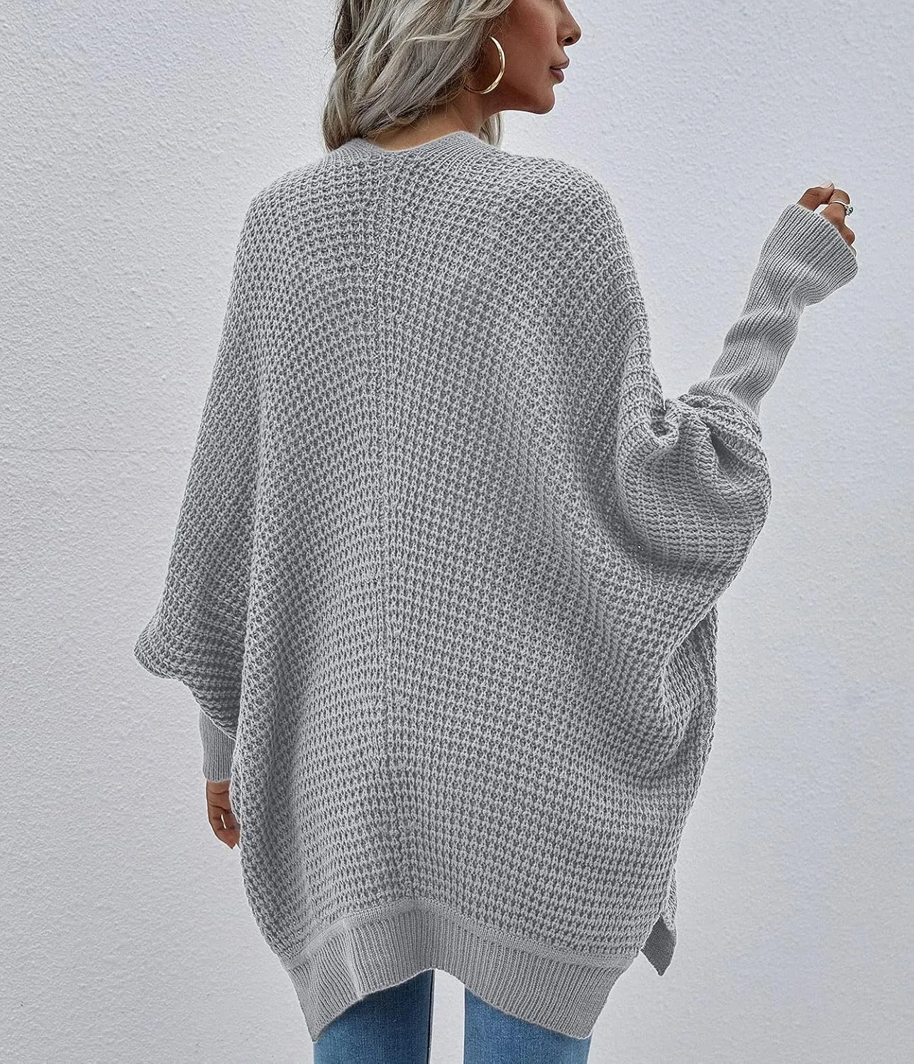 Women's Waffle Cardigan Ribbed Cuffs Open Front Knit Sweater Batwing Long Sleeve Casual Loose Chunky Coat Outwear