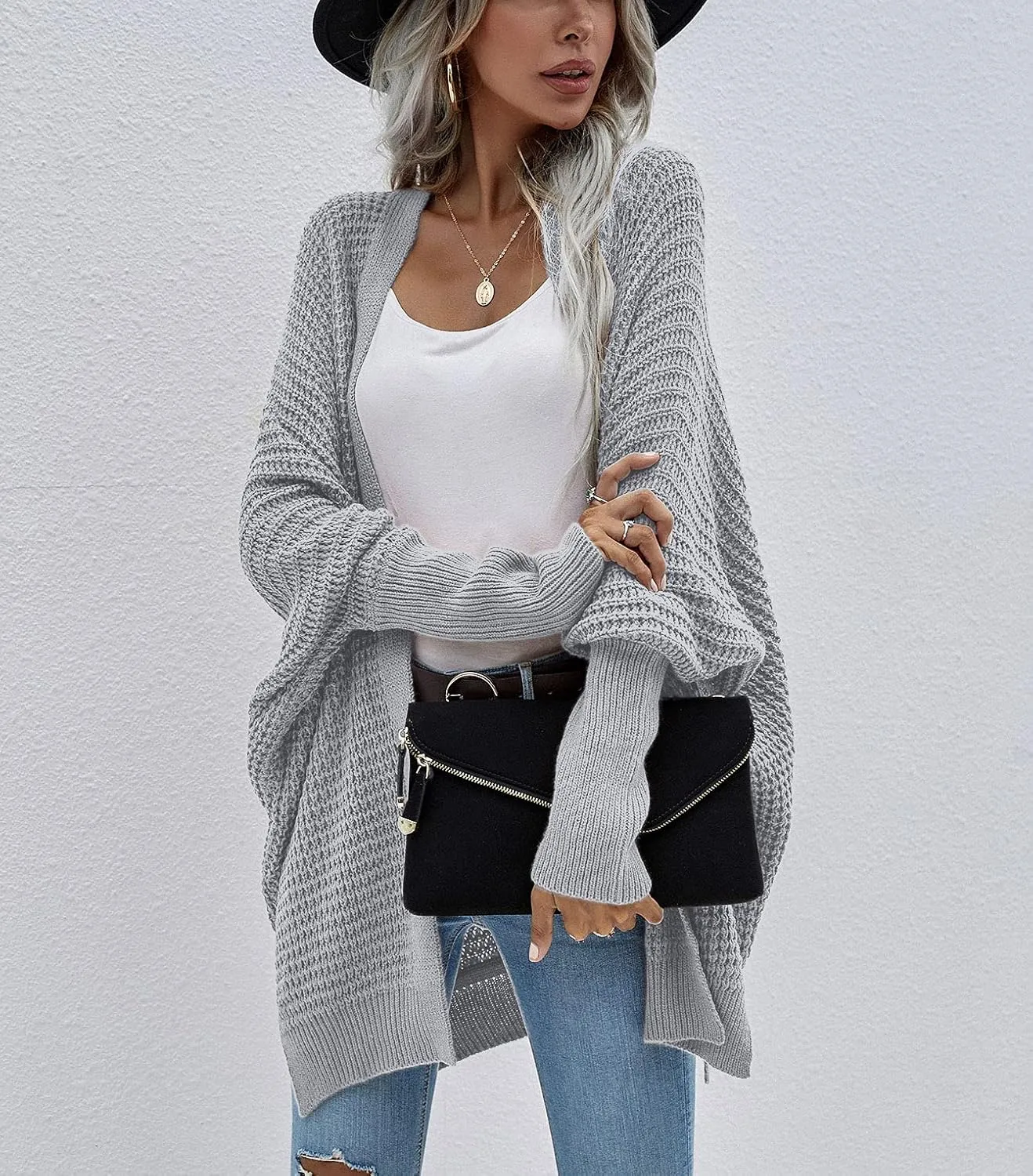Women's Waffle Cardigan Ribbed Cuffs Open Front Knit Sweater Batwing Long Sleeve Casual Loose Chunky Coat Outwear